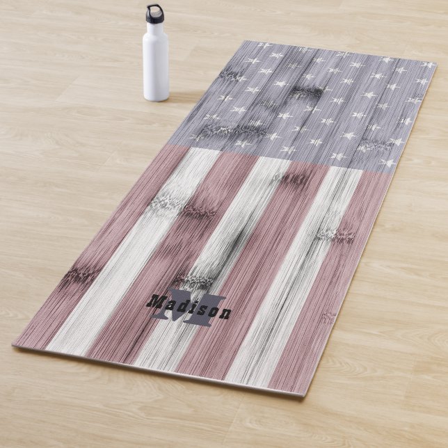 Rustic Red White Blue Wood USA flag Monogram Yoga Mat (In Situ)
