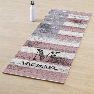 Rustic Red White Blue Wood USA flag Monogram Yoga Mat