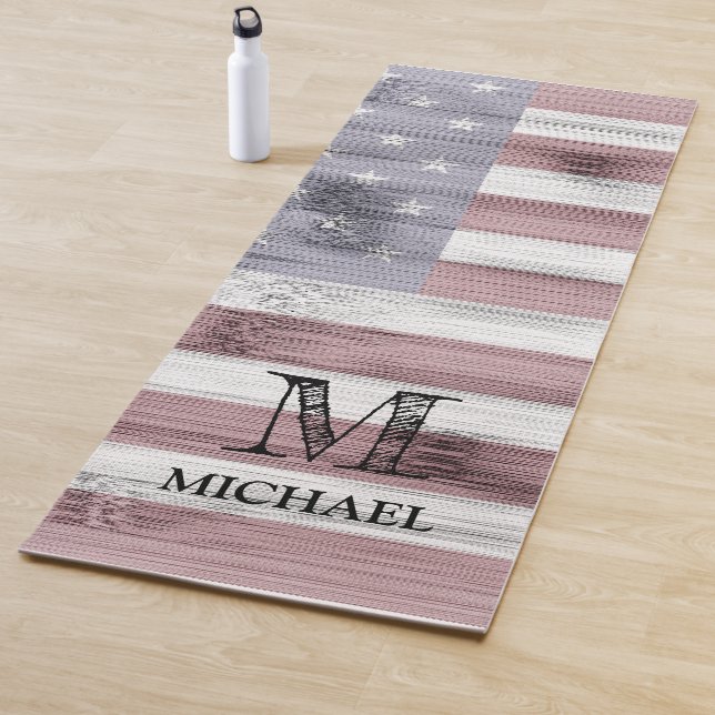 Rustic Red White Blue Wood USA flag Monogram Yoga Mat (In Situ)
