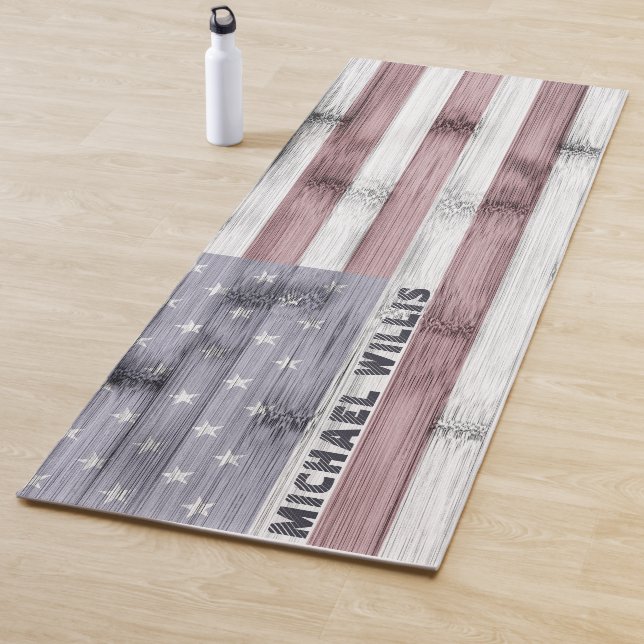 Rustic Red White Blue Wood USA flag Monogram Yoga Mat (In Situ)