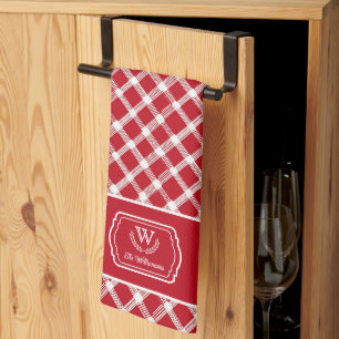 Rustic Red & White Farmhouse Custom Monogram Tea Towel