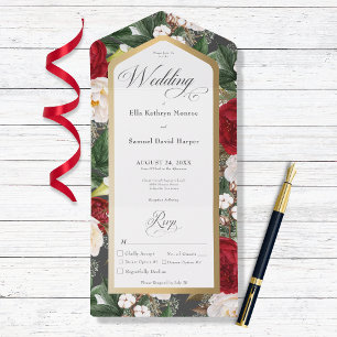 Rustic Red & White Floral Gold Frame Dinner All In One Invitation