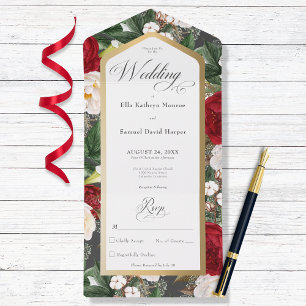 Rustic Red & White Floral Gold Frame No Dinner All In One Invitation