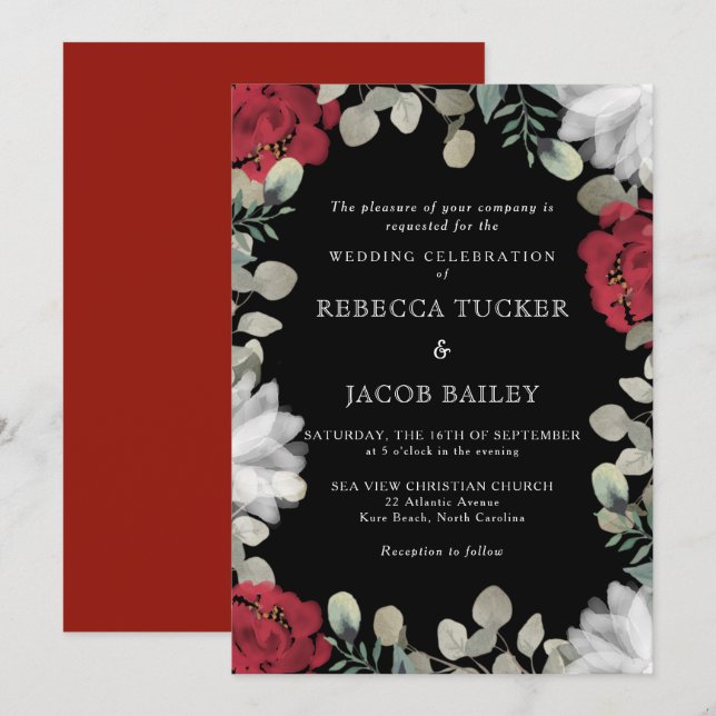 Rustic Red & White Floral Greenery Black Wedding Invitation (Front/Back)