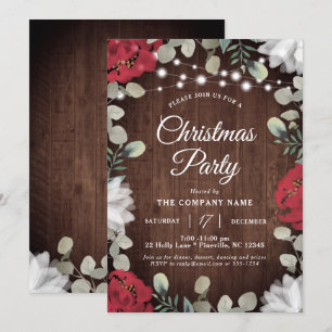 Rustic Red White Floral Lights Christmas Party  Invitation