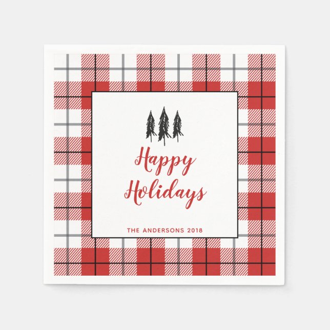 Rustic Red & White Gingham Flannel Christmas Tree Napkin (Front)
