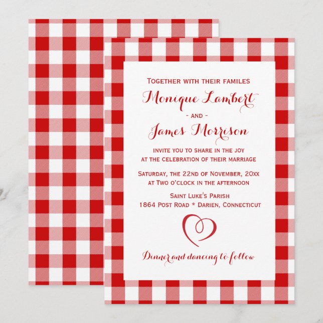 Rustic Red White Plaid Gingham Country Wedding Invitation (Front/Back)