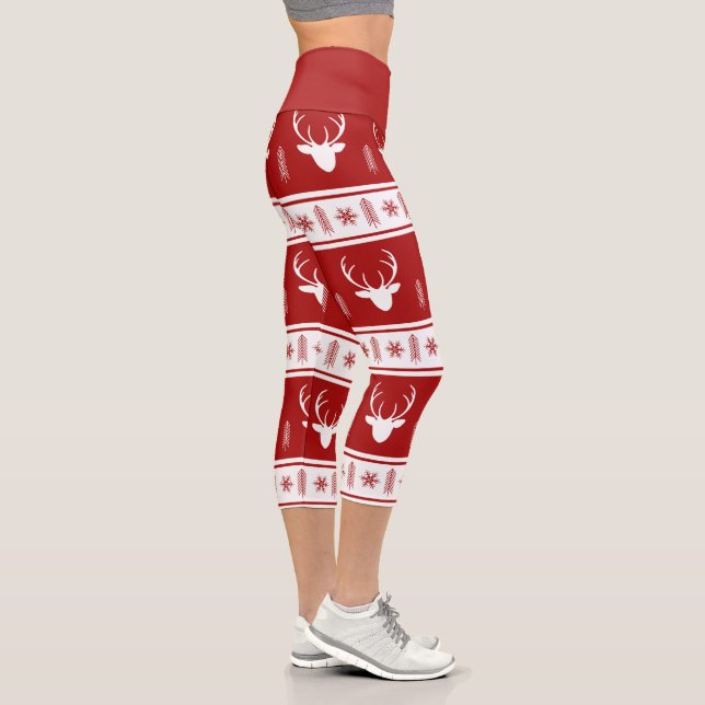 Rustic Red White Reindeer Snowflake Christmas Capri Leggings (Right)