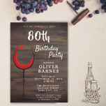 Rustic Red Wine 80th Birthday Party Invitation<br><div class="desc">Rustic Wood Red Wine 80th Birthday Party Invitation. Birthday invitation with rustic dark wood background and abstract glass with red wine. The text is in a trendy white script and is easily customisable - personalise it with your name, age, date, location and RSVP. You can change all the text on...</div>