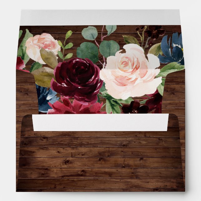 Rustic Red Wine Burgundy Flowers Wedding Envelope (Back (Bottom))