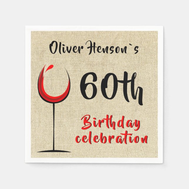 Rustic Red Wine Glass 60th Birthday Party Napkin (Front)