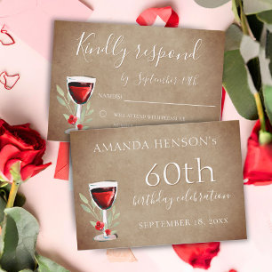 Rustic Red Wine Glass 60th Birthday Party  RSVP Card