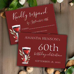 Rustic Red Wine Glass 60th Birthday Party RSVP Card