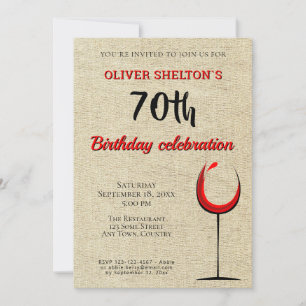 Rustic Red Wine Glass 70th Birthday Party Invitation