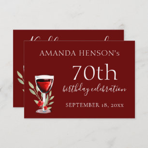 Rustic Red Wine Glass 70th Birthday Party RSVP Card