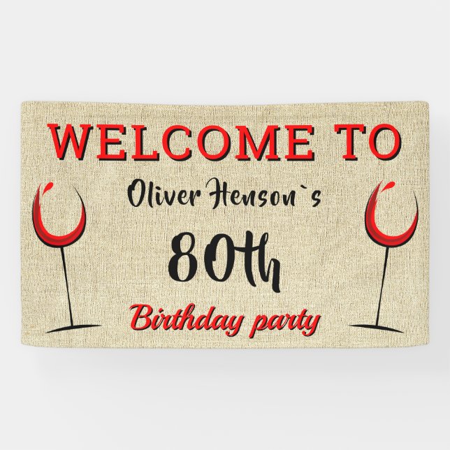 Rustic Red Wine Glass 80th Birthday Party Banner (Horizontal)
