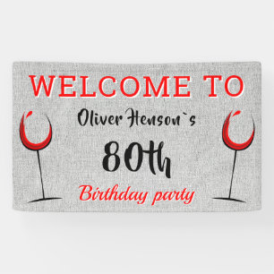 Rustic Red Wine Glass 80th Birthday Party Banner