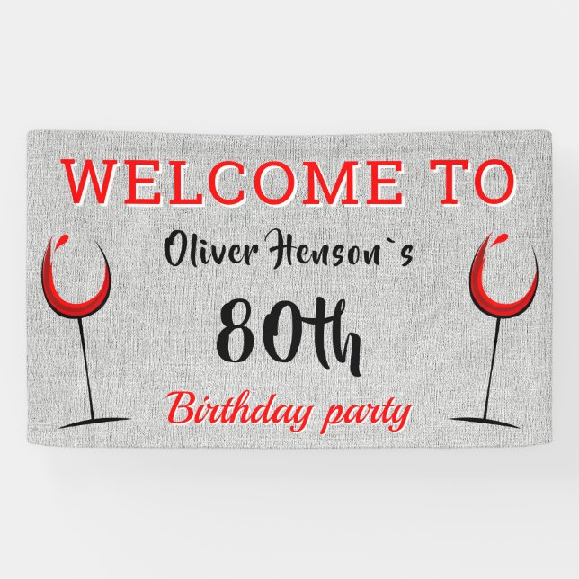 Rustic Red Wine Glass 80th Birthday Party Banner (Horizontal)