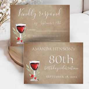 Rustic Red Wine Glass 80th Birthday Party RSVP Card