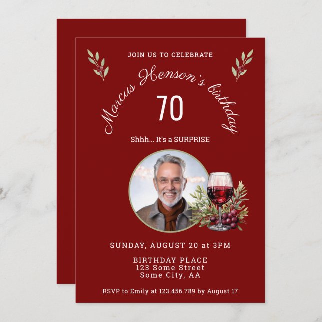 Rustic Red Wine Glass Olive 50th Birthday Photo Invitation (Front/Back)