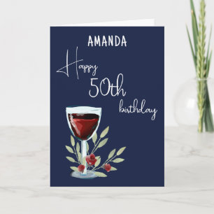 Rustic Red Wine Glass Olive 50th Happy Birthday Invitation