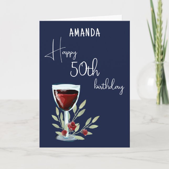 Rustic Red Wine Glass Olive 50th Happy Birthday Invitation (Front)