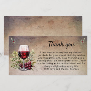 Rustic Red Wine Glass Olive Leaves Birthday Thank You Card