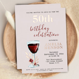 Rustic Red Wine Glass Rose Botanical 50th Birthday