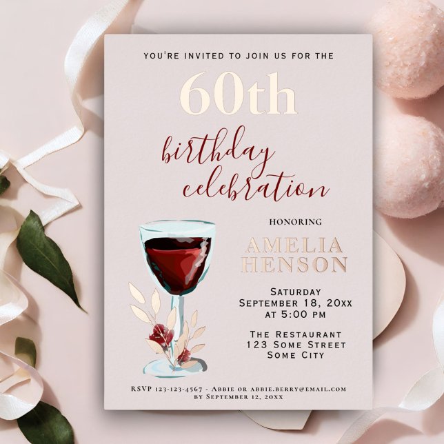 Rustic Red Wine Glass Rose Botanical 60th Birthday (Creator Uploaded)