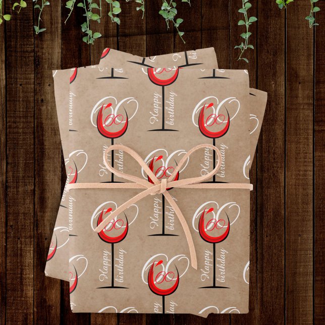 Rustic Red Wine Glass Script 60th Birthday Gift Wrapping Paper Sheet (Creator Uploaded)