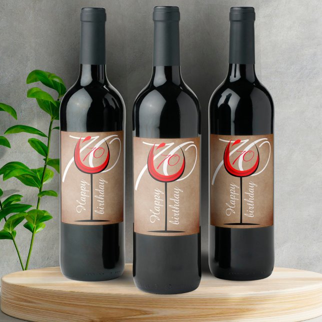 Rustic Red Wine Glass Script 70th Birthday Label (Creator Uploaded)