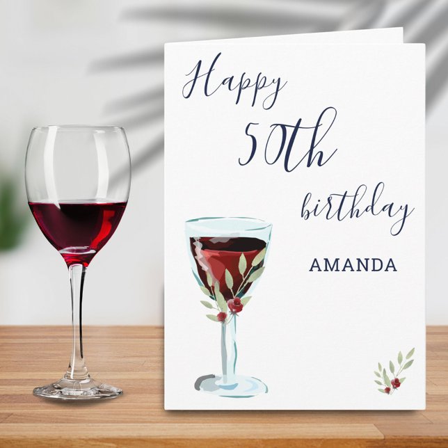 Rustic Red Wine Rose Watercolor 50th Birthday   Card (Creator Uploaded)