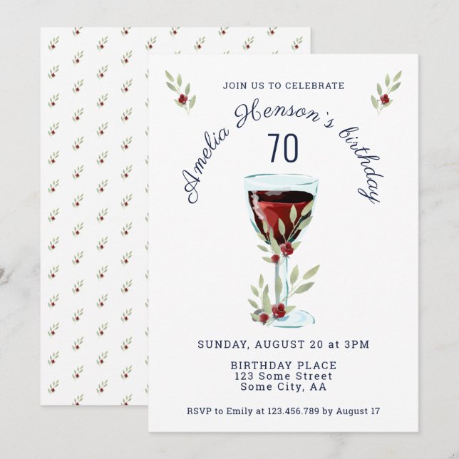 Rustic Red Wine Rose Watercolor 70th Birthday Invitation (Front/Back)