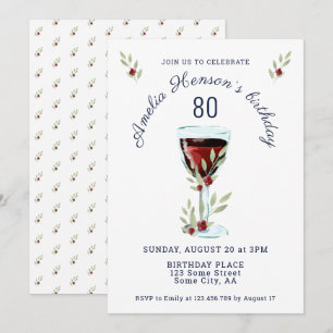 Rustic Red Wine Rose Watercolor 80th Birthday Invitation