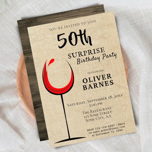 Rustic Red Wine Surprise 50th Birthday Party Invitation (Creator Uploaded)