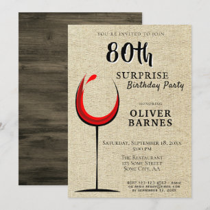 Rustic Red Wine Surprise 80th Birthday Party Invitation