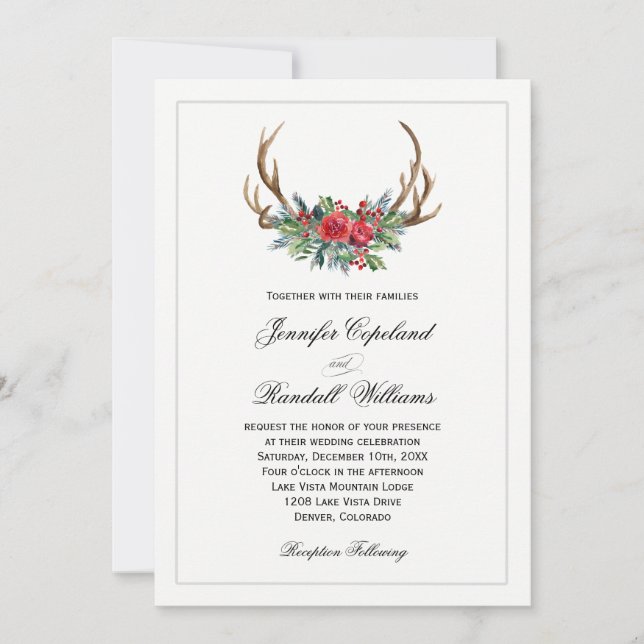 Rustic Red Winter Floral Wedding Invitation (Front)