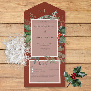 Rustic Red Winter Holly & Pine Details All In One Invitation