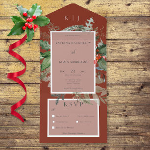 Rustic Red Winter Holly & Pine Dinner All In One Invitation