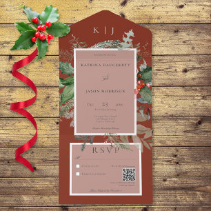 Rustic Red Winter Holly & Pine QR Code All In One Invitation