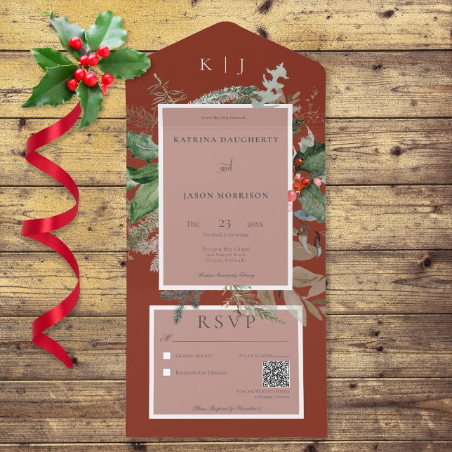 Rustic Red Winter Holly & Pine QR Code All In One Invitation (Also available without a QR code; with or without dinner selection options.)