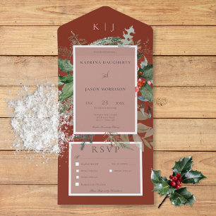 Rustic Red Winter Holly & Pine Three Dinner All In One Invitation