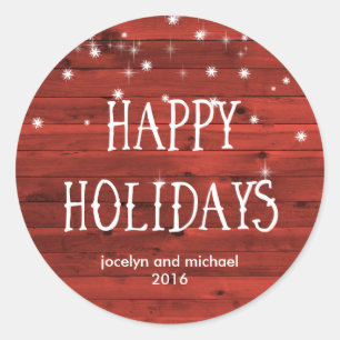 Rustic Red Wood and Snow   Happy Holidays Classic Round Sticker