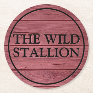 Rustic Red Wood Faux Engraved Name Bar Round Paper Coaster