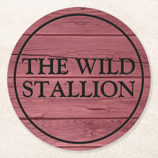 Rustic Red Wood Faux Engraved Name Bar Round Paper Coaster