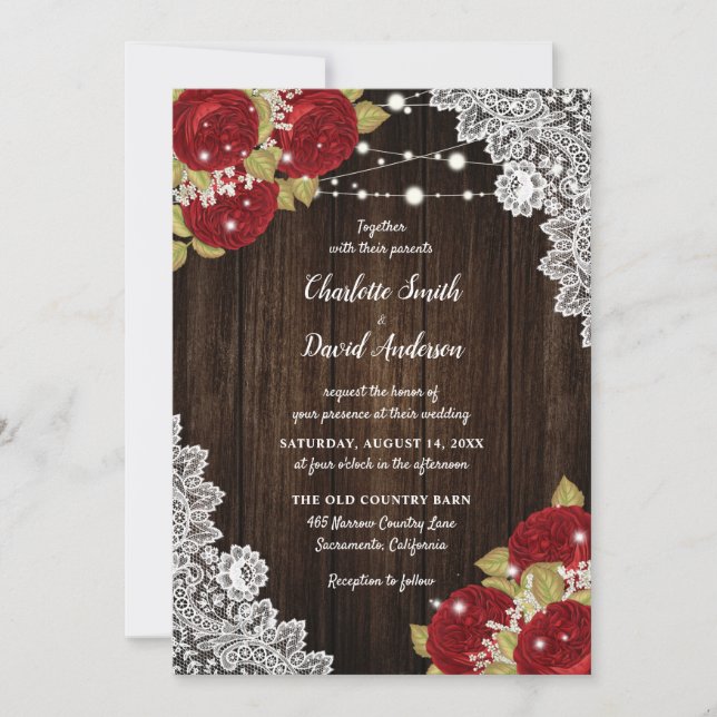 Rustic Red Wood Lace String Lights Wedding Invitation (Front)