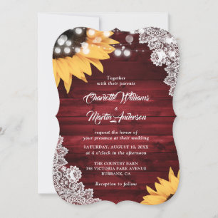 Rustic Red Wood Lace Sunflower Wedding Invitation