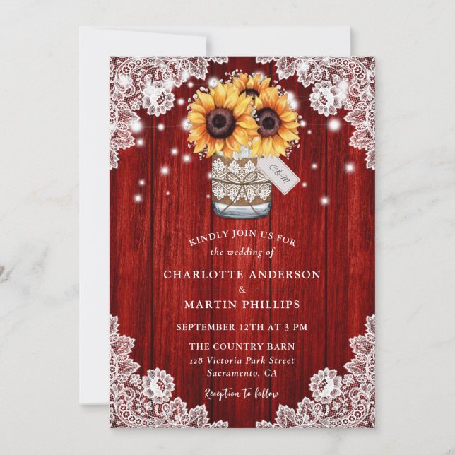 Rustic Red Wood Mason Jar Sunflower Wedding Invitation (Front)