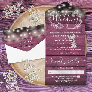 Rustic Red Wood String Lights Floral Wedding All In One Invitation