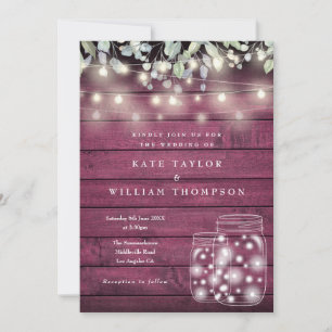 Rustic Red Wood String Lights Mason Jar Wedding Invitation